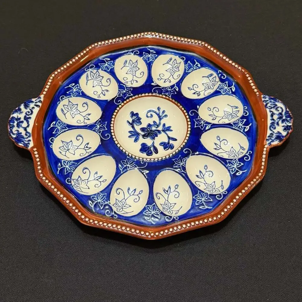 Majolica Ceramic Hand Painted Floral Lace 12 Egg Tray Platter 12”